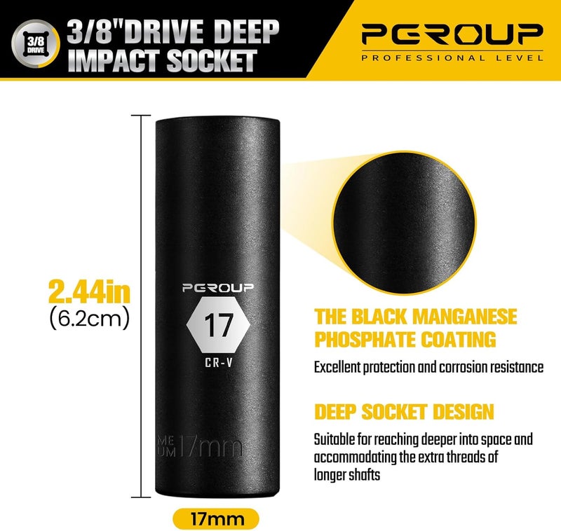 pgroup 3/8” Drive Deep Impact Socket, Metric(17mm socket), 6-Point, Cr-V Steel With Black Manganese Phosphate Coating - Image 2